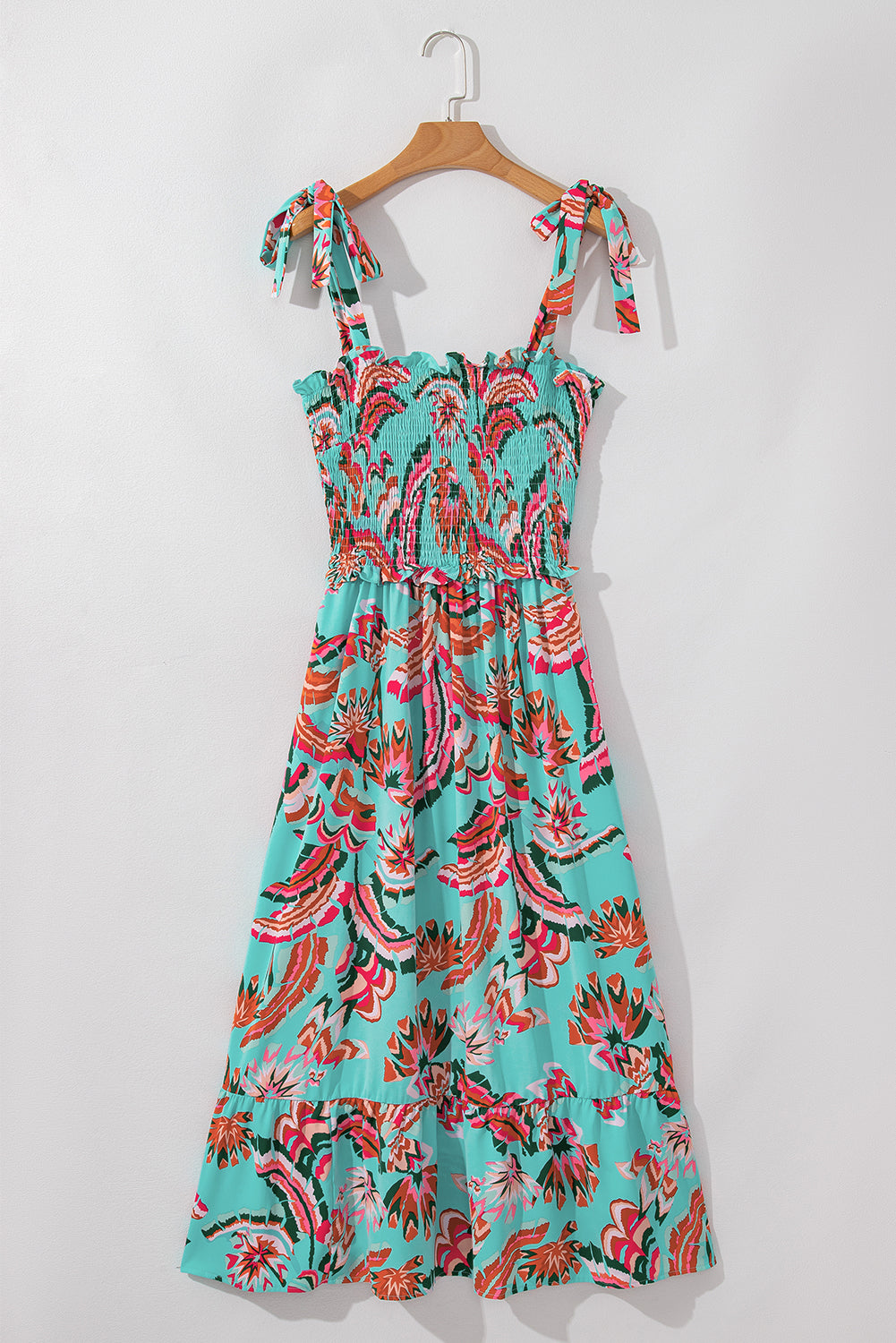 Green Abstract Print Smocked Bodice Knotted Straps Ruffled Long Dress Maxi Dresses JT's Designer Fashion