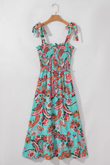 Green Abstract Print Smocked Bodice Knotted Straps Ruffled Long Dress Maxi Dresses JT's Designer Fashion