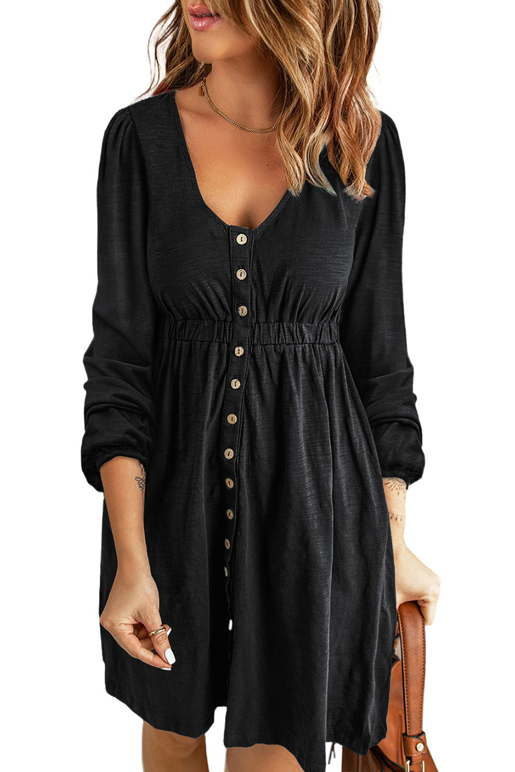 Black Button Up High Waist Long Sleeve Dress Midi Dresses JT's Designer Fashion
