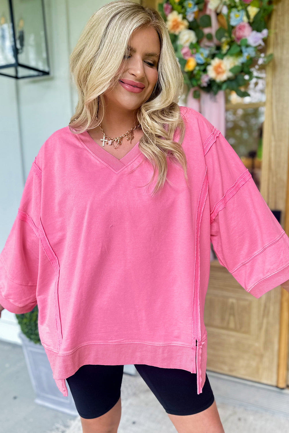 Bonbon Bracelet Sleeve Mineral Washed V Neck T Shirt Long Sleeve Tops JT's Designer Fashion