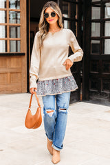 Beige Cable Texture Bohemian Ruffle Hem Patchwork Sweater Sweaters JT's Designer Fashion
