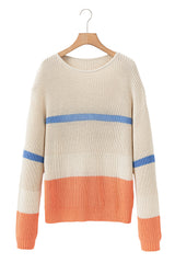 Beige Colorblock Striped Drop Shoulder Cozy Sweater Sweaters JT's Designer Fashion