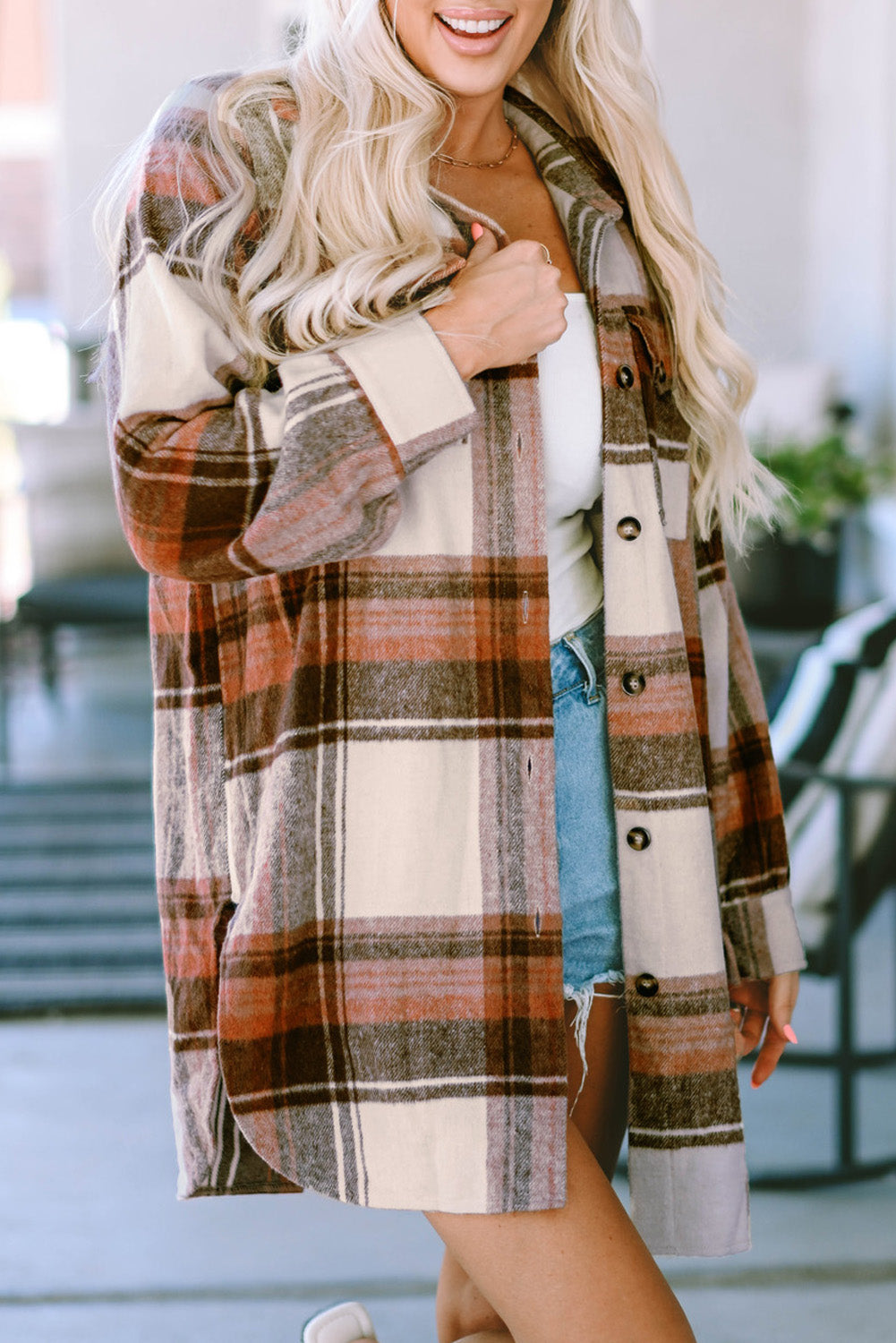 Brown Plaid Print Flap Pockets Long Shacket Plaid Shackets JT's Designer Fashion