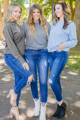 Gray Ribbed Zip Knit Top Long Sleeve Tops JT's Designer Fashion