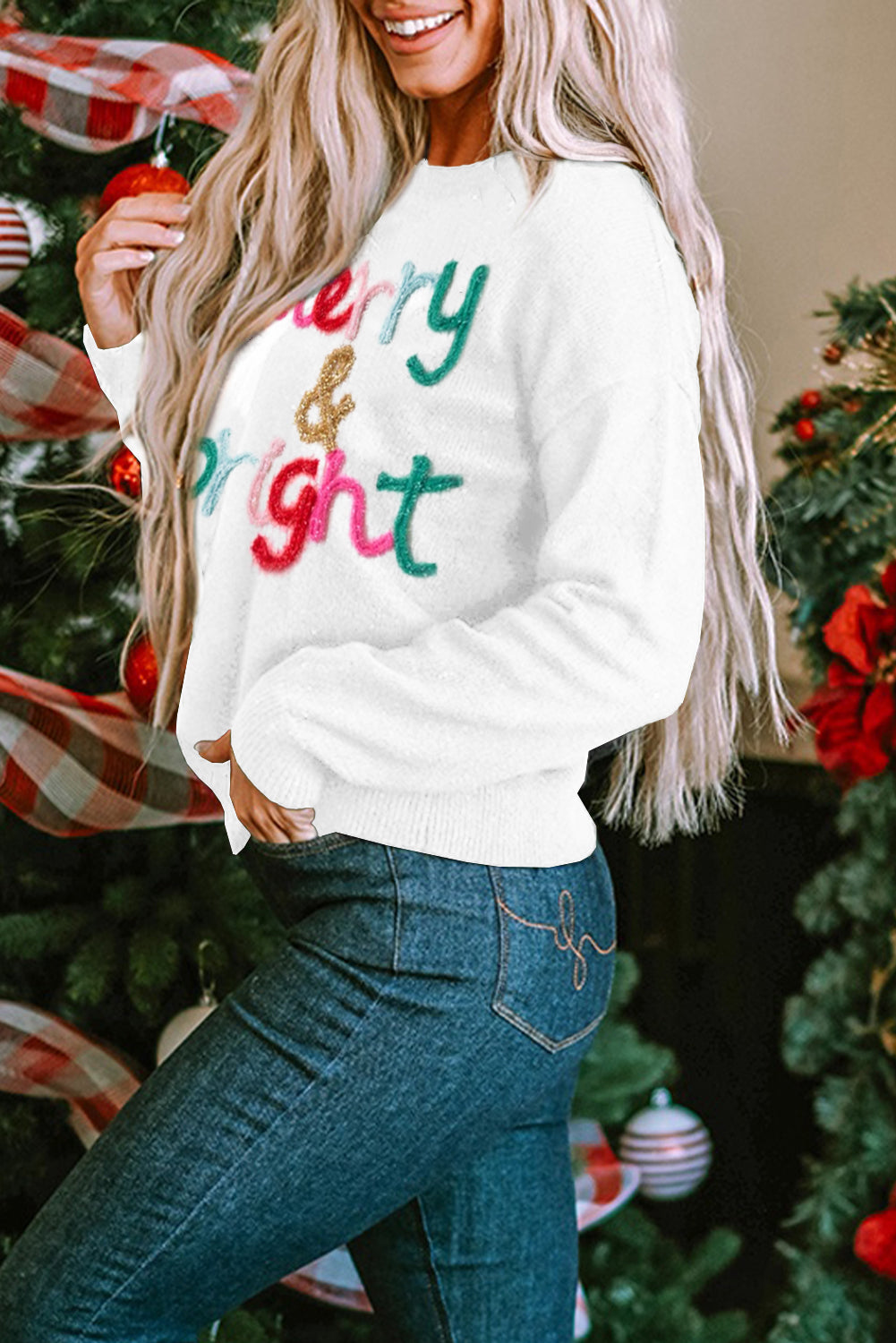 White Merry & Bright Round Neck Casual Sweater Sweaters JT's Designer Fashion