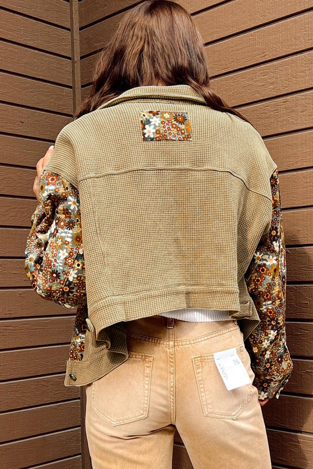 Khaki Waffle Knit Floral Print Patchwork Button up Jacket Jackets JT's Designer Fashion