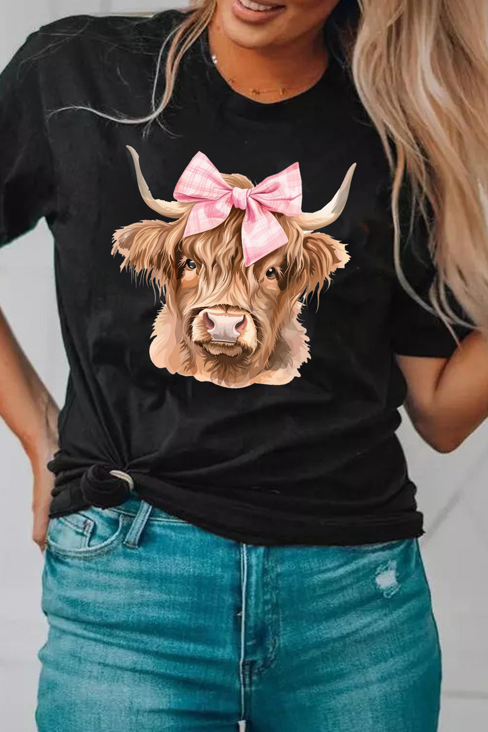 Black Bow Cow Head Graphic Western Fashion T Shirt Graphic Tees JT's Designer Fashion