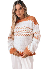Khaki Zigzag Geometric Pattern Knitted Pullover Sweater Sweaters JT's Designer Fashion