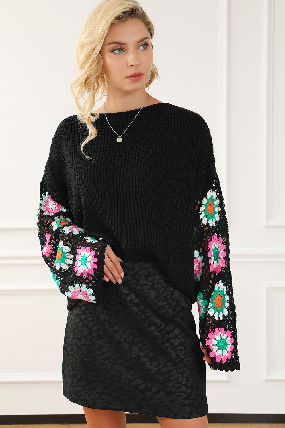 Black Floral Crochet Bell Sleeve Loose Sweater Sweaters JT's Designer Fashion