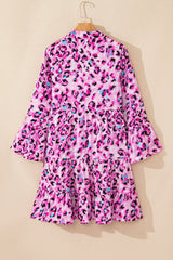 Rose Leopard Print Buttoned Front 3/4 Sleeve Tiered Ruffled Hem Dress Mini Dresses JT's Designer Fashion
