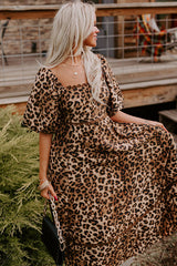 Brown Leopard Print Bubble Sleeve Square Neck Long Dress Maxi Dresses JT's Designer Fashion