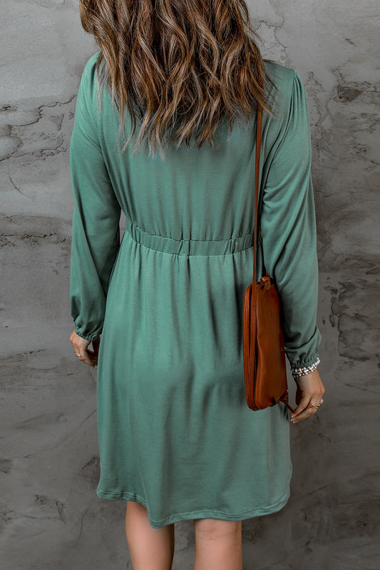 Green Button Up High Waist Long Sleeve Dress Midi Dresses JT's Designer Fashion