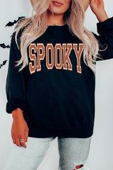 Black SPOOKY Graphic Drop Shoulder Halloween Pullover Sweatshirt Black 50%Polyester+50%Cotton Graphic Sweatshirts JT's Designer Fashion