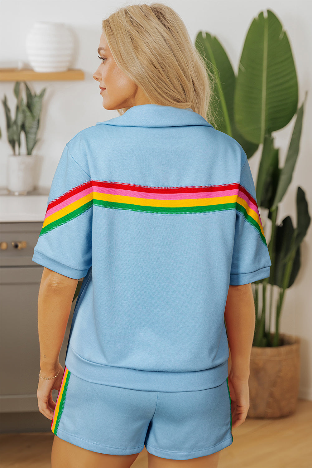 Sky Blue Rainbow Colorblock Collared Short Sleeve Top 2 Piece Shorts Set Short Sets JT's Designer Fashion