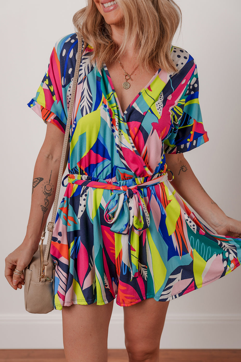 Multicolour Tropical Printed Surplice Neck Tie Waist Romper Jumpsuits & Rompers JT's Designer Fashion