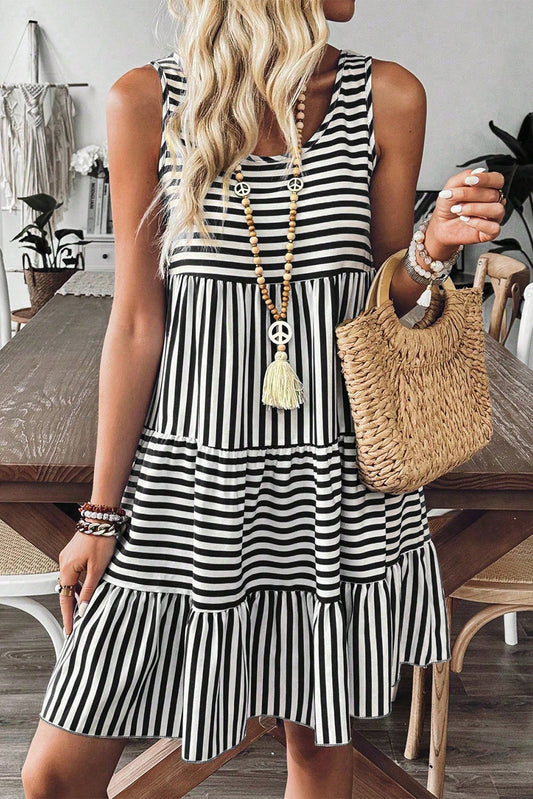 Black Stripe U Neck Sleeveless Loose Fit Mini Dress Dresses JT's Designer Fashion