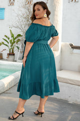 Skobeloff Frilled U Neck Puff Sleeve Belted Ruffle Hem Plus Size Midi Dress Plus Size Mini Dresses JT's Designer Fashion