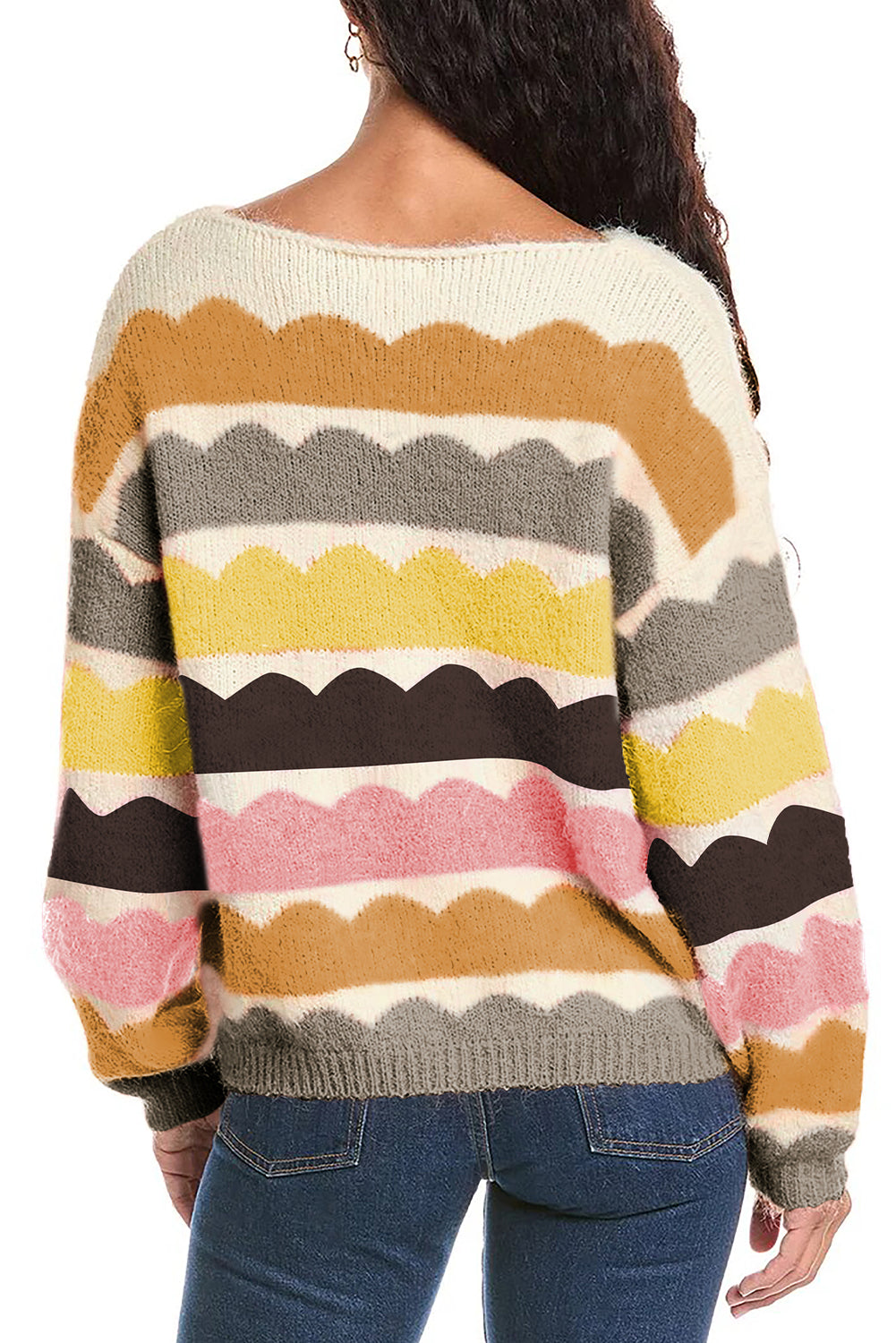 Yellow Wave Striped Balloon Sleeve Drop Shoulder Sweater Sweaters JT's Designer Fashion