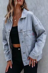 Sky Blue Stripe Washed Oversize Pocketed Denim Jacket Denim Jackets JT's Designer Fashion