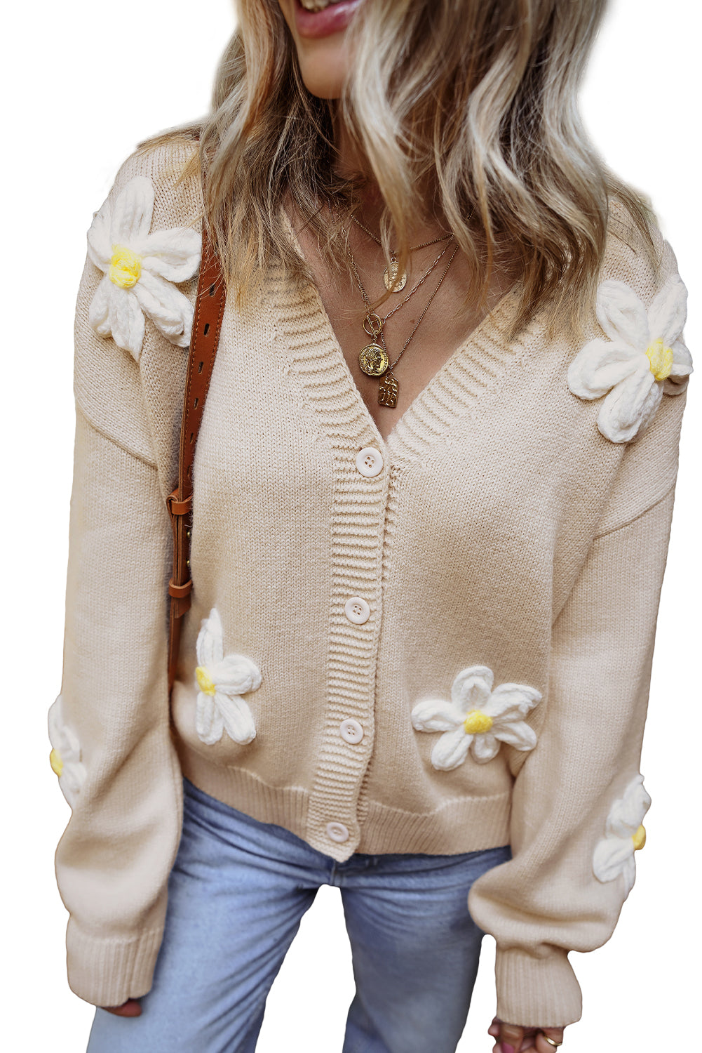 Parchment Elegant Flower Decor Button Front Cardigan Cardigans JT's Designer Fashion