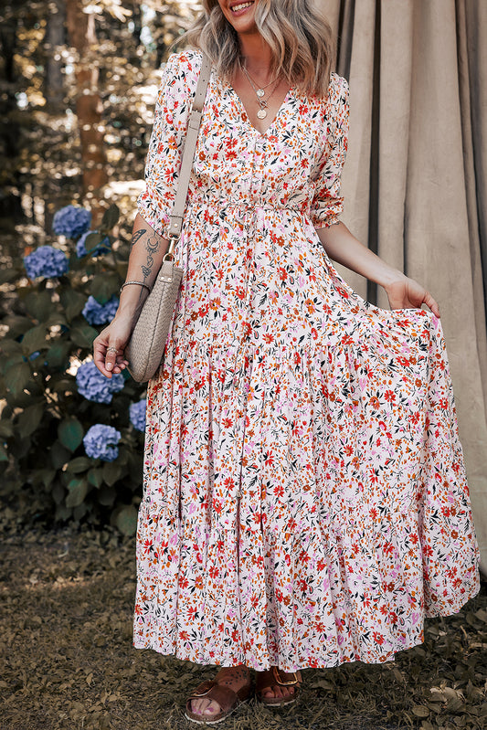 Red Boho Half Sleeve Floral V Neck Maxi Dress Red 100%Viscose Floral Dresses JT's Designer Fashion