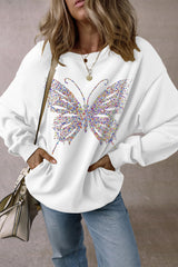 White Rhinestone Butterfly Graphic Crewneck Oversized Sweatshirt Graphic Sweatshirts JT's Designer Fashion
