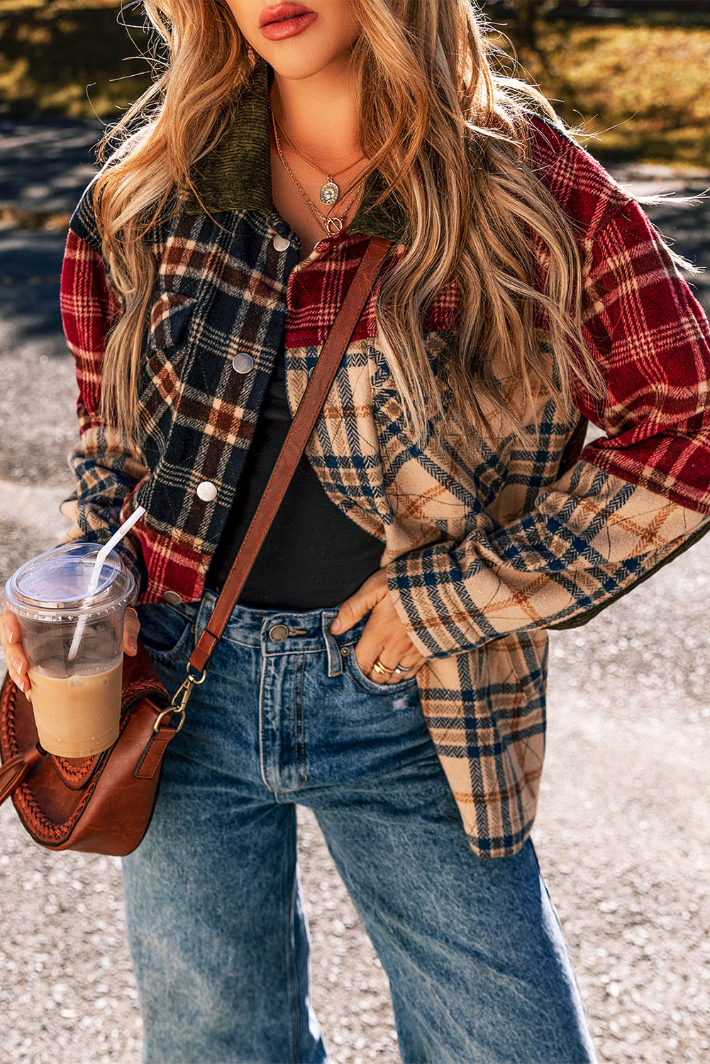 Red Mixed Plaid Patchwork Retro Shacket Red 100%Polyester Plaid Shackets JT's Designer Fashion