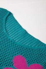 Sea Green Big Flower Hollowed Knit Drop Shoulder Sweater Sweaters JT's Designer Fashion
