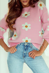 Pink Floral Pattern Drop Shoulder Sweater Sweaters JT's Designer Fashion