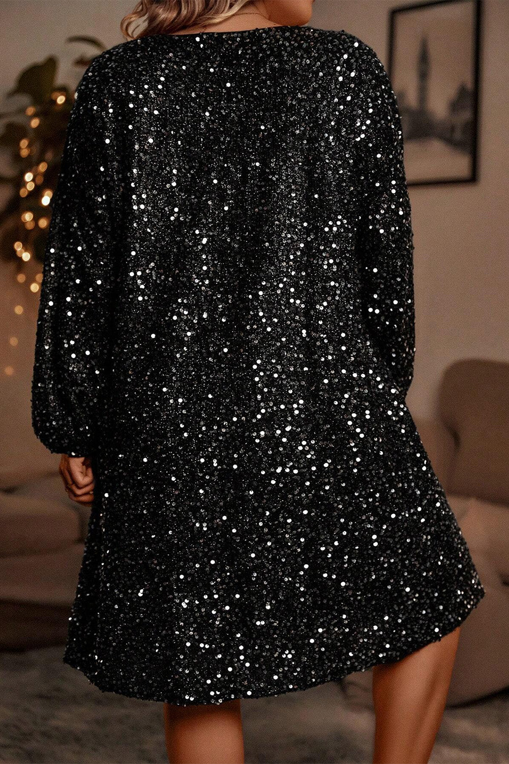 Color black Plus Size Bubble Sleeve V Neck Sequin Dress Plus Size Mini Dresses JT's Designer Fashion