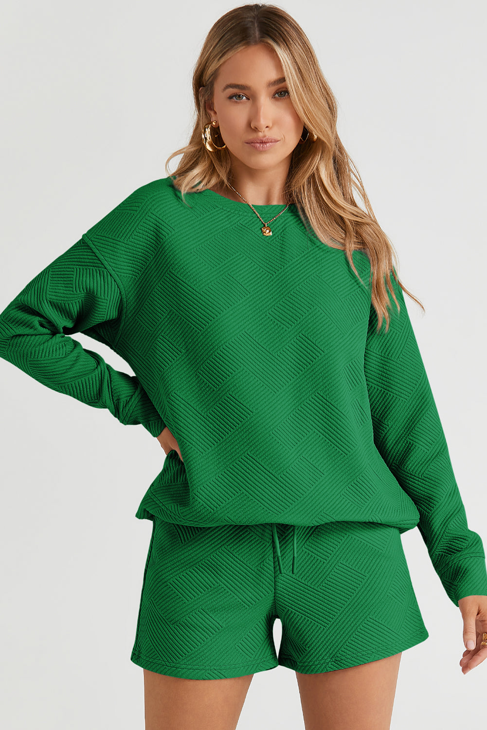 Green Textured Long Sleeve Top and Drawstring Shorts Set Short Sets JT's Designer Fashion