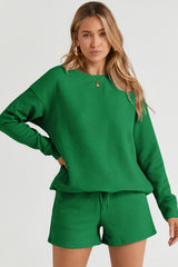 Green Textured Long Sleeve Top and Drawstring Shorts Set Short Sets JT's Designer Fashion