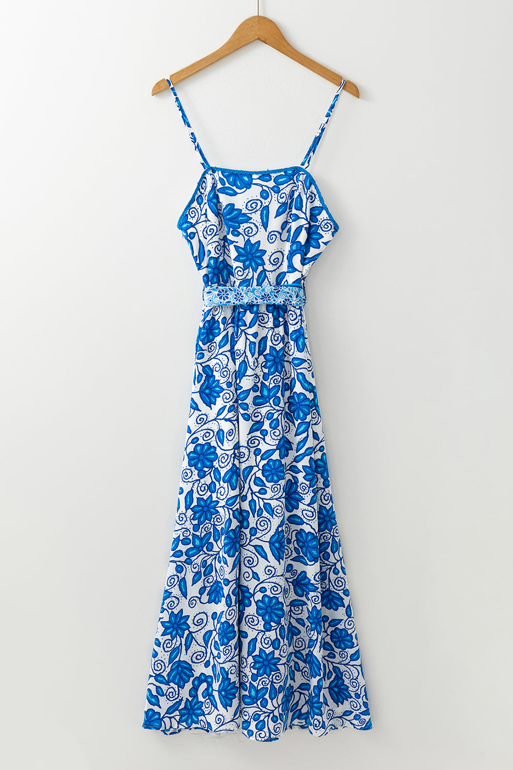 Blue Floral Printed Spaghetti Strap Maxi Dress with Waist Tie Floral Dresses JT's Designer Fashion