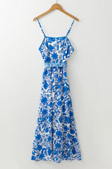 Blue Floral Printed Spaghetti Strap Maxi Dress with Waist Tie Floral Dresses JT's Designer Fashion
