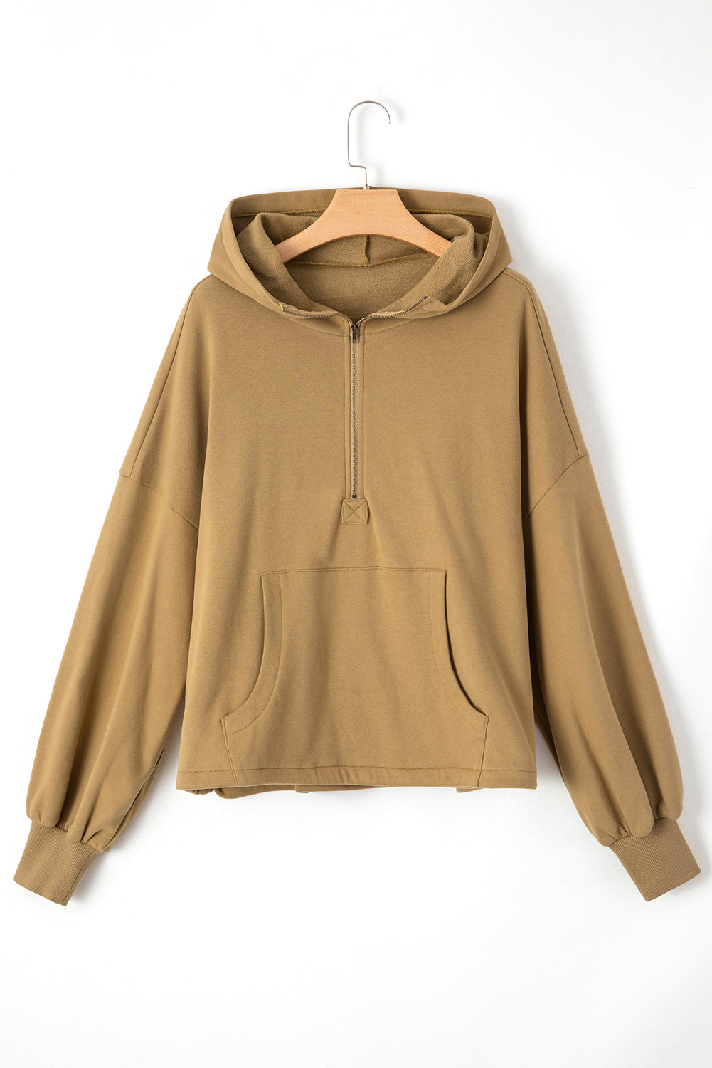 Brown Fleece Lined Half Zipper Kangaroo Pockets Loose Hoodie Sweatshirts & Hoodies JT's Designer Fashion