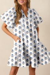 Sky Blue Floral Puff Sleeve Tied Neck Pocketed Mini Dress Sky Blue 100%Polyester Floral Dresses JT's Designer Fashion