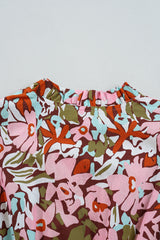Pink Floral Print Puff Sleeve Shirred High Waist Mini Dress Floral Dresses JT's Designer Fashion