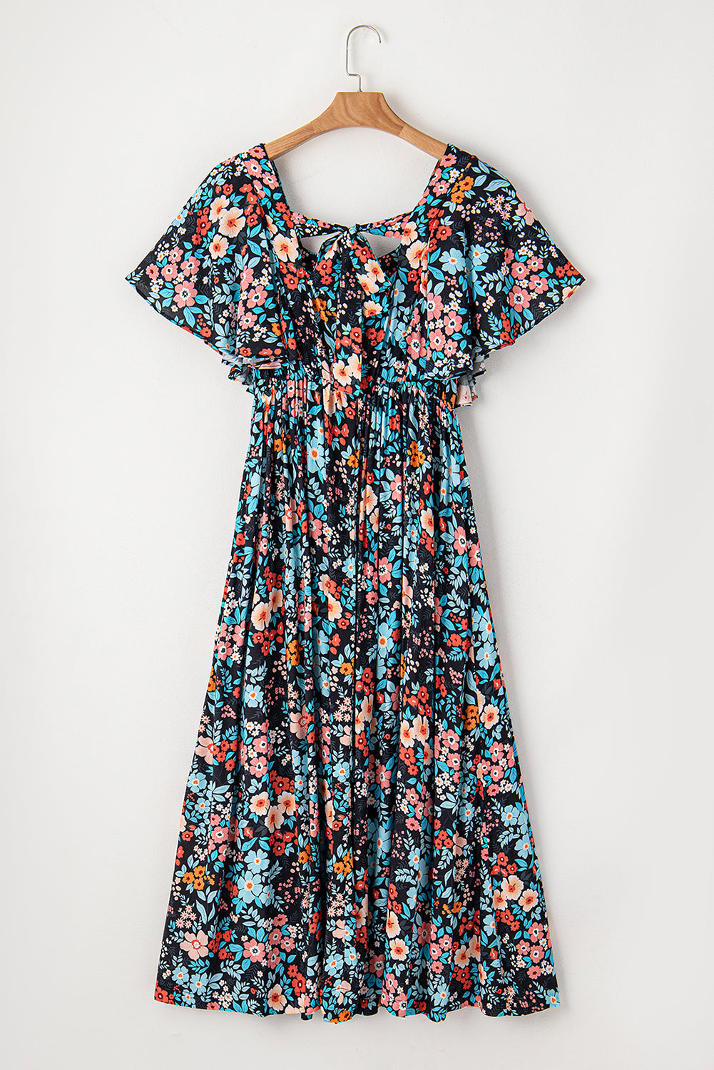 Sky Blue Floral Knotted Back Square Neck Maxi Dress Floral Dresses JT's Designer Fashion