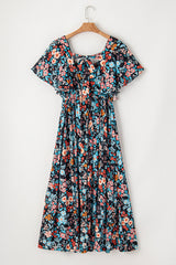 Sky Blue Floral Knotted Back Square Neck Maxi Dress Floral Dresses JT's Designer Fashion