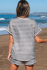 Black Stripe Knitted Short Sleeve Top and Drawstring Shorts Set Short Sets JT's Designer Fashion