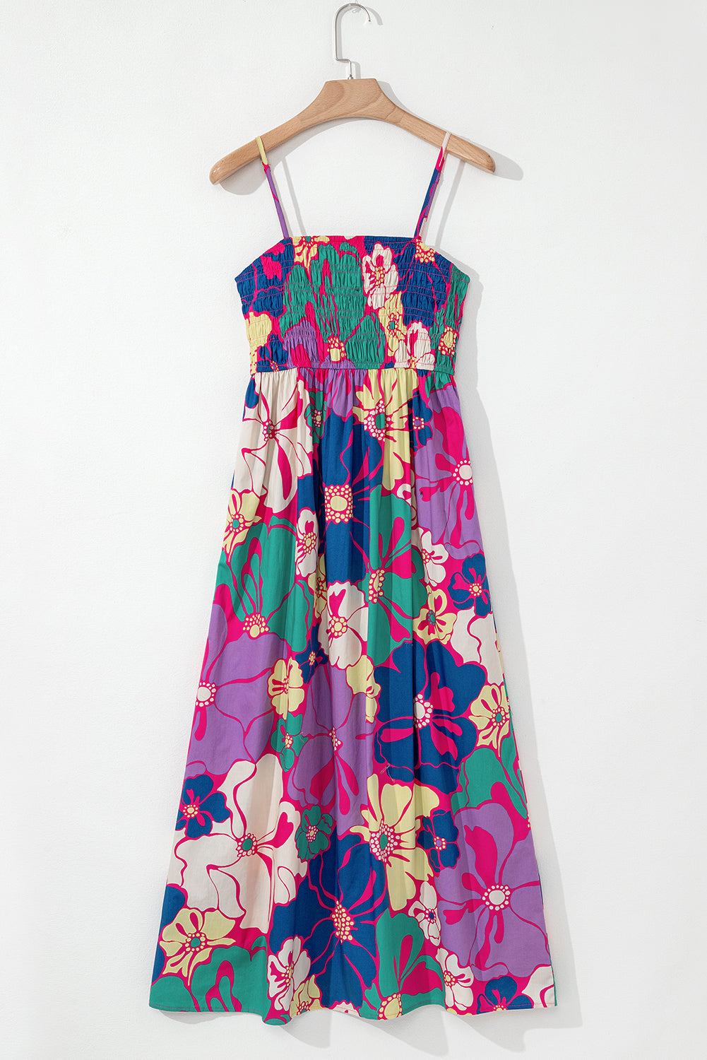 Purple Floral Print Shirred Spaghetti Strap Loose Long Dress Maxi Dresses JT's Designer Fashion