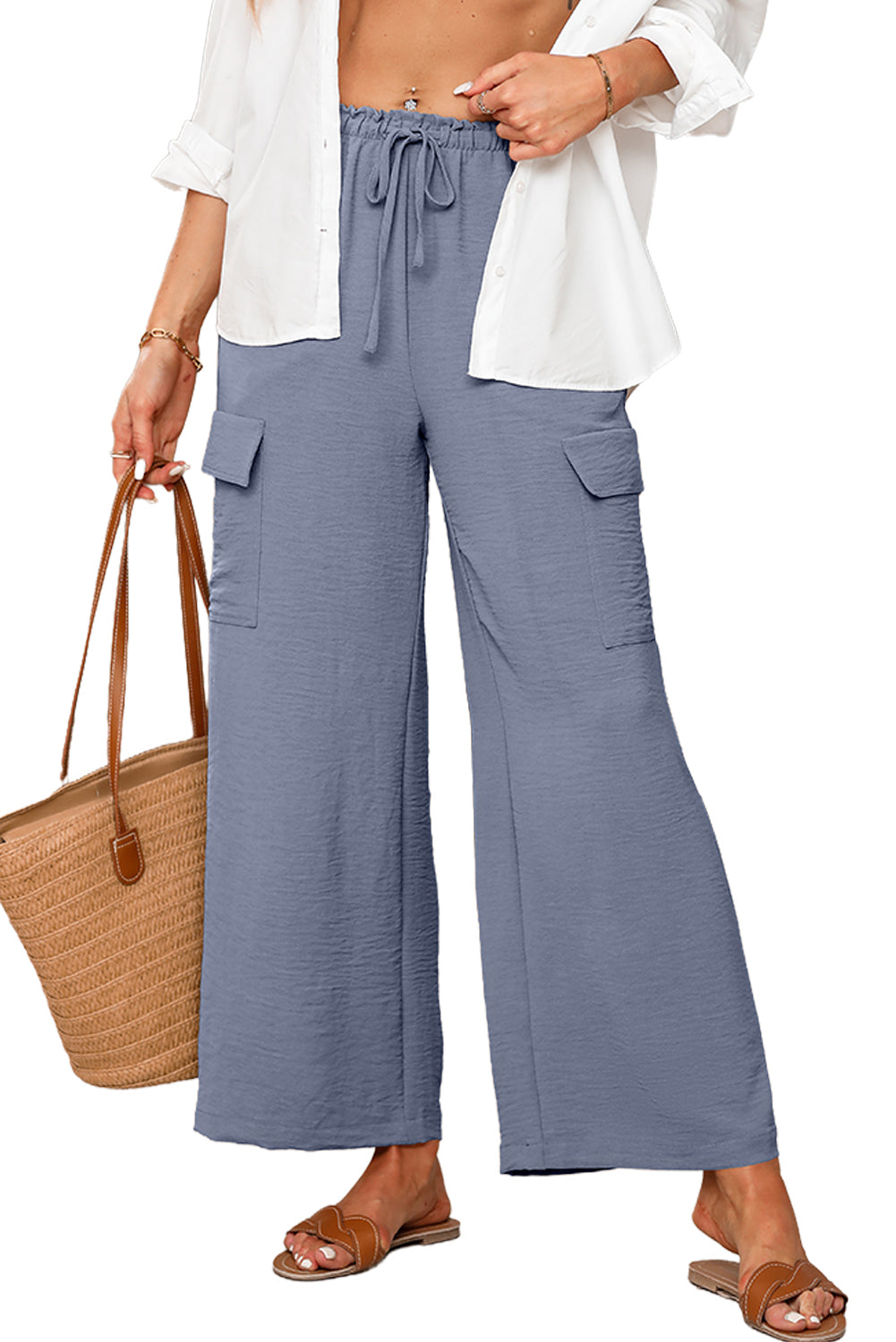 Dark Grey Drawstring Frilled Waist Wide Leg Utility Trousers Pants & Culotte JT's Designer Fashion