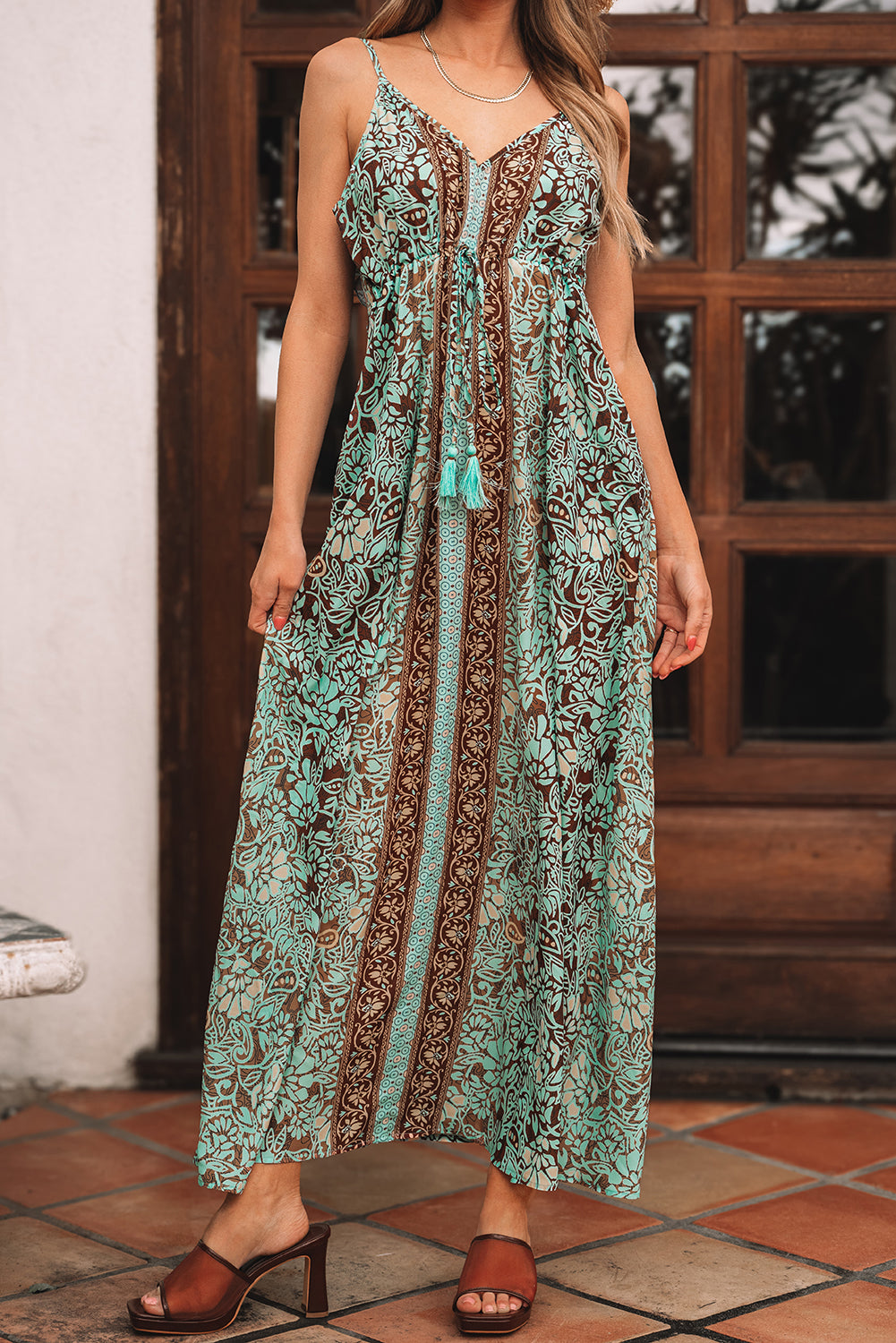 Green Floral Print V Neck Ruffled Trim Backless Tassel Waist Maxi Dress Floral Dresses JT's Designer Fashion