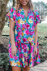 Green Rose Floral Print Ruffled Short Dress Green 100%Polyester Floral Dresses JT's Designer Fashion