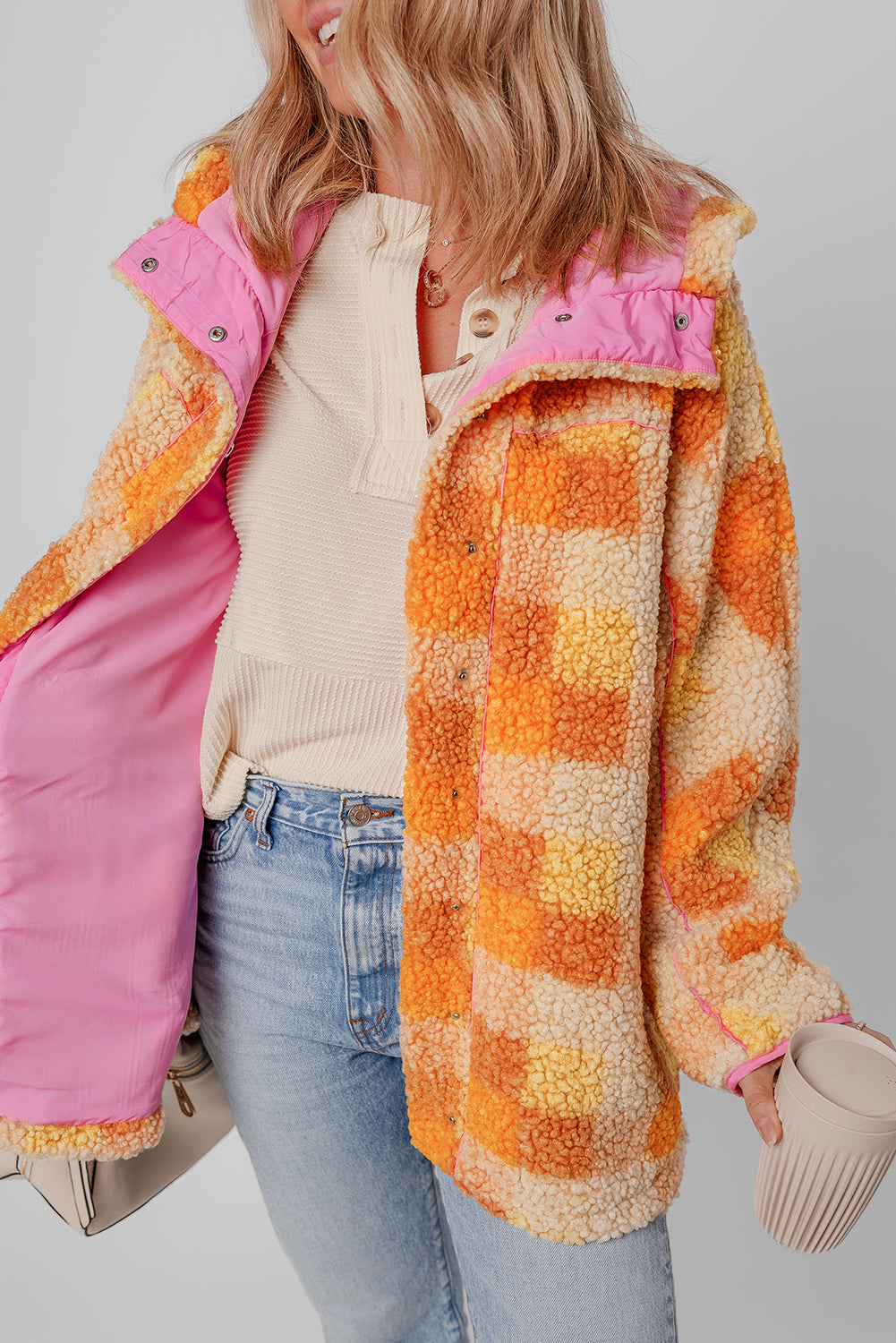 Orange Checkered Sherpa Hooded Jacket Jackets JT's Designer Fashion
