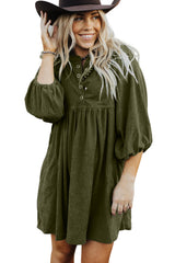 Vineyard Green Corduroy Snap Buttons Empire Waist Bracelet Sleeve Dress Mini Dresses JT's Designer Fashion