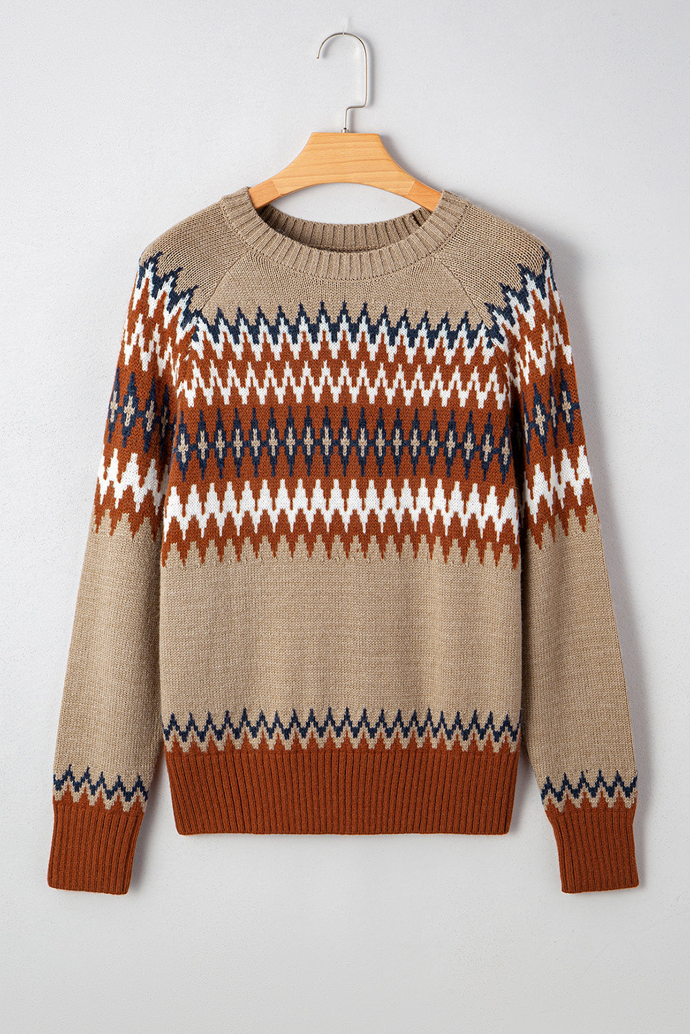 Khaki Aztec Print Colorblock Crew Neck Sweater Sweaters JT's Designer Fashion