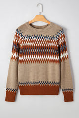 Khaki Aztec Print Colorblock Crew Neck Sweater Sweaters JT's Designer Fashion