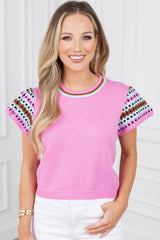 Bright Pink Colorblock Printed Crewneck Short Sleeve Sweater Bright Pink woolen fabric Sweaters & Cardigans JT's Designer Fashion