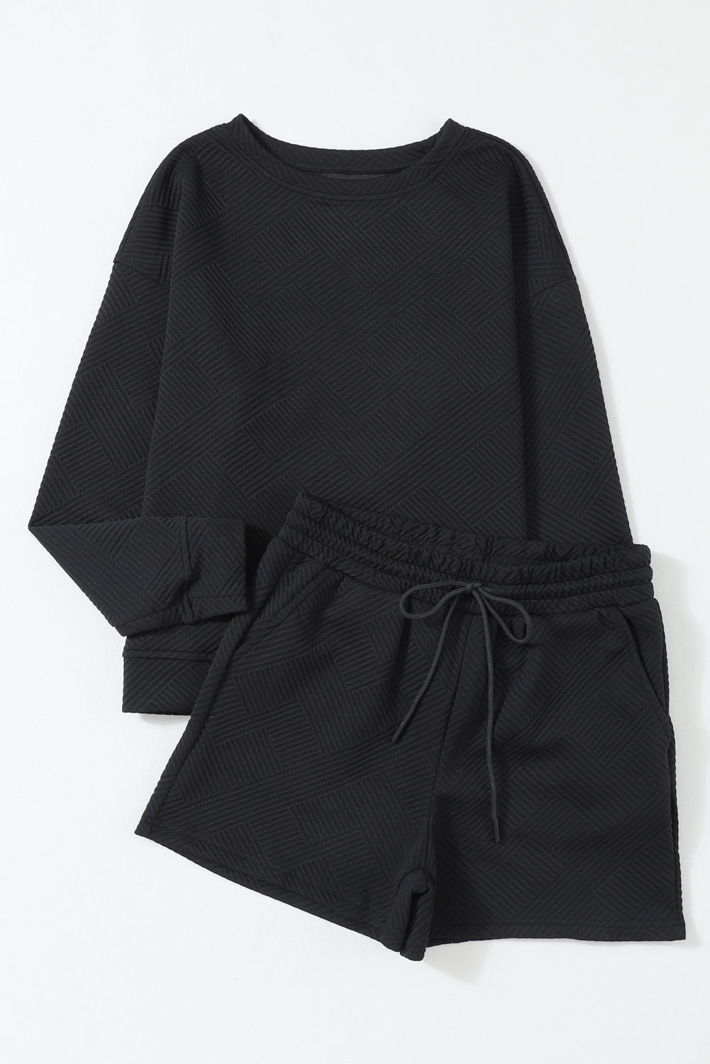 Black Textured Long Sleeve Top and Drawstring Shorts Set Short Sets JT's Designer Fashion